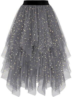 Women's Dark Gray Sequin High Layered Asymmetrical Puffy Fairy Midi Tulle Skirt